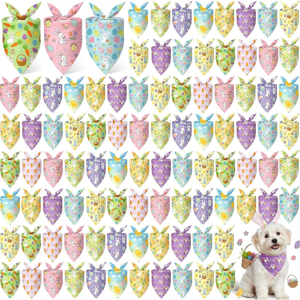 100 Pcs Dog Easter Bandanas Bulk for Dogs with Bunny Rabbit Egg Carrot Pattern